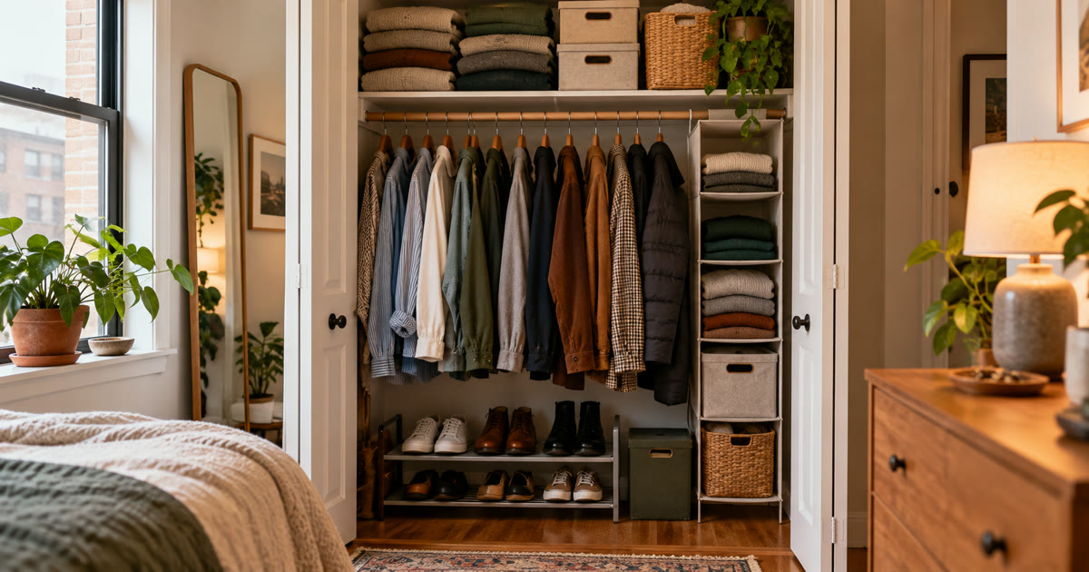 Small closet with everyday clothes at eye level, folded items and storage boxes above, and shoes below